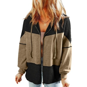 Dokotoo Womens Waffle Knit Hoodies Zip Up Drawstring Oversized Jackets(Khaki)