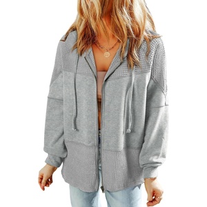 Dokotoo Womens Waffle Knit Hoodies Zip Up Drawstring Oversized Jackets(Light Grey)