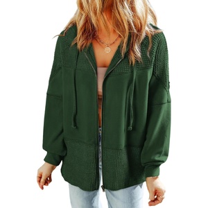 Dokotoo Womens Waffle Knit Hoodies Zip Up Drawstring Oversized Jackets(No Pockets-blackish Green)