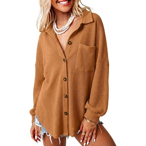 Dokotoo Womens Waffle Knit Shacket Jacket Casual Button Down Shirts Tops(Brown 1)