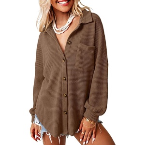 Dokotoo Womens Waffle Knit Shacket Jacket Casual Button Down Shirts Tops(Brown)