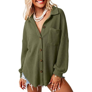 Dokotoo Womens Waffle Knit Shacket Jacket Casual Button Down Shirts Tops(Green)