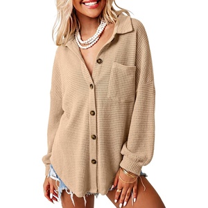 Dokotoo Womens Waffle Knit Shacket Jacket Casual Button Down Shirts Tops(Khaki)