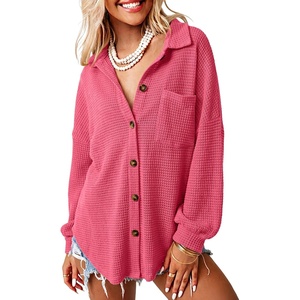 Dokotoo Womens Waffle Knit Shacket Jacket Casual Button Down Shirts Tops(Pink)