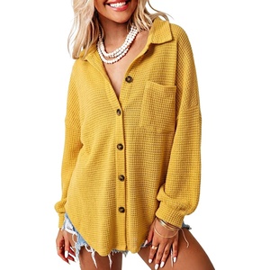 Dokotoo Womens Waffle Knit Shacket Jacket Casual Button Down Shirts Tops(Yellow)
