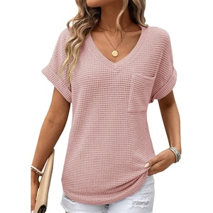 Dokotoo Womens Waffle Knit Tops 2026 Summer Shirts Womens Blouses Basic Tee(A Apricot Pink)