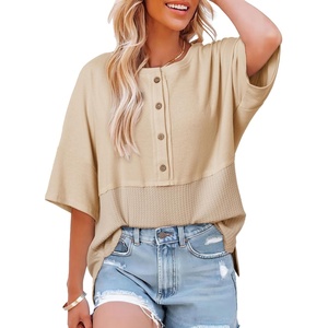 Dokotoo Womens Waffle Knit Tops 3/4 Sleeve Oversized Patchwork Blouses(Apricot)