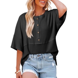Dokotoo Womens Waffle Knit Tops 3/4 Sleeve Oversized Patchwork Blouses(Black)