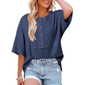 Dokotoo Womens Waffle Knit Tops 3/4 Sleeve Oversized Patchwork Blouses(Blue)