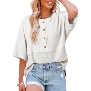 Dokotoo Womens Waffle Knit Tops 3/4 Sleeve Oversized Patchwork Blouses(White)
