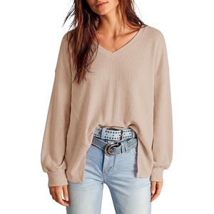 Dokotoo Womens Waffle Knit Tops Trendy Fashion 2026 Oversized T Shirts(Beige)