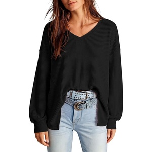 Dokotoo Womens Waffle Knit Tops Trendy Fashion 2026 Oversized T Shirts(Black)