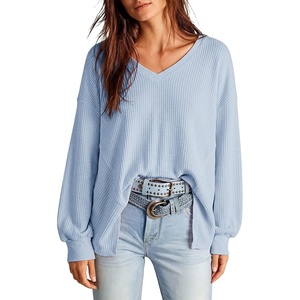 Dokotoo Womens Waffle Knit Tops Trendy Fashion 2026 Oversized T Shirts(Blue)