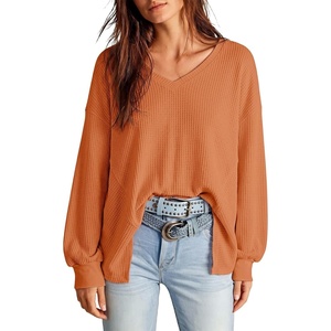 Dokotoo Womens Waffle Knit Tops Trendy Fashion 2026 Oversized T Shirts(Orange)