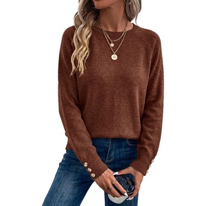 Dokotoo Womes Sweaters Solid Button Long Sleeve Knit Pullover Tops(Brown)