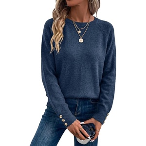 Dokotoo Womes Sweaters Solid Button Long Sleeve Knit Pullover Tops(Dark Blue)