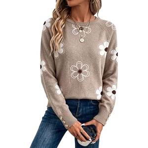 Dokotoo Womes Sweaters Solid Button Long Sleeve Knit Pullover Tops(Floral Grey)