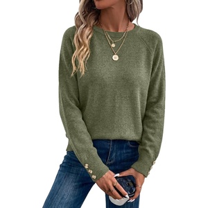 Dokotoo Womes Sweaters Solid Button Long Sleeve Knit Pullover Tops(Green)