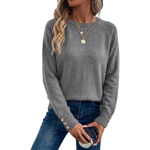 Dokotoo Womes Sweaters Solid Button Long Sleeve Knit Pullover Tops(Grey)
