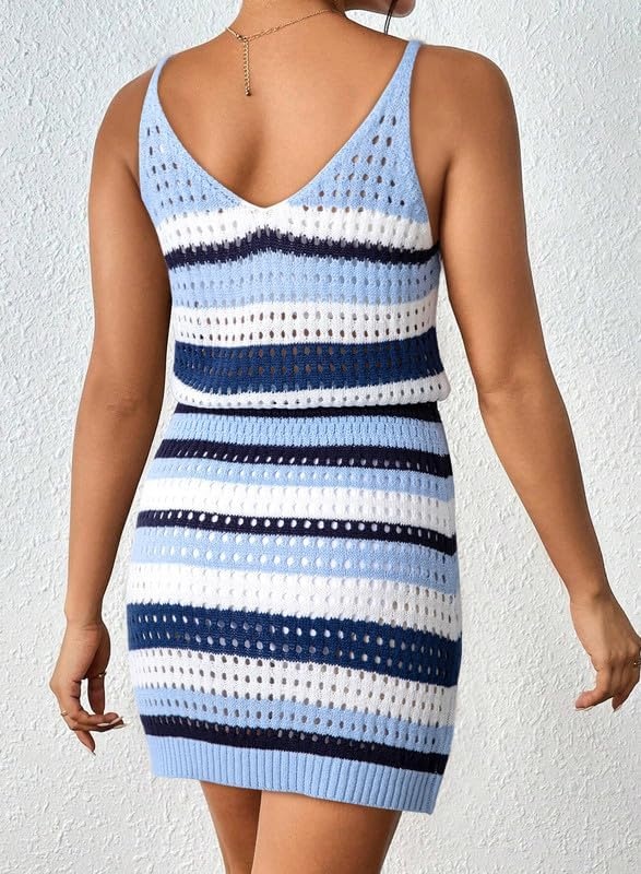 image:imageDokotoo Beach Cover Ups for Women 2026 Crochet Knit Coverup DressBlue Stripes