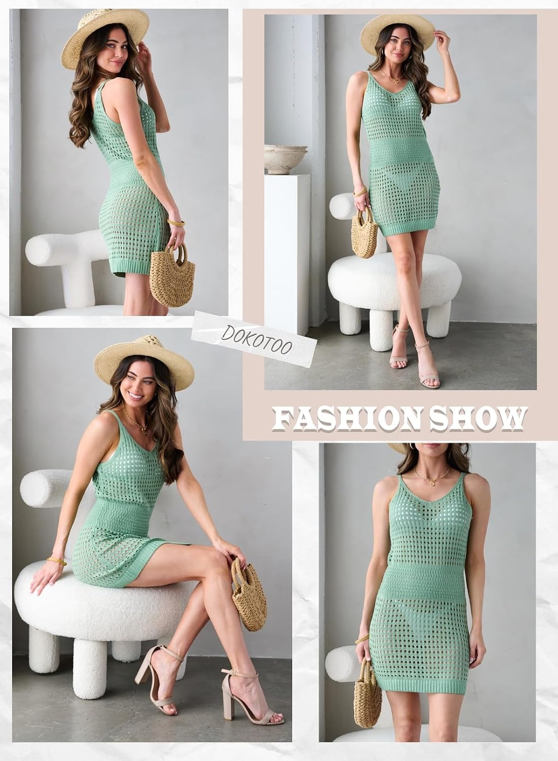 image:imageDokotoo Beach Cover Ups for Women 2026 Crochet Knit Coverup DressGreen
