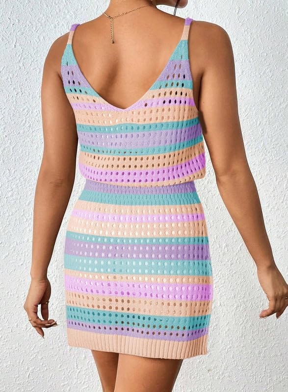 image:imageDokotoo Beach Cover Ups for Women 2026 Crochet Knit Coverup DressPink Stripes