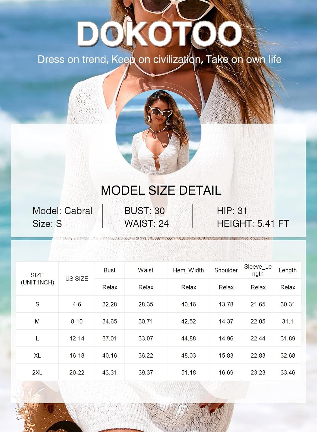 image:imageDokotoo Beach Cover Ups for Women Sexy Deep V Neck Swimsuit Cover Up DressWhite