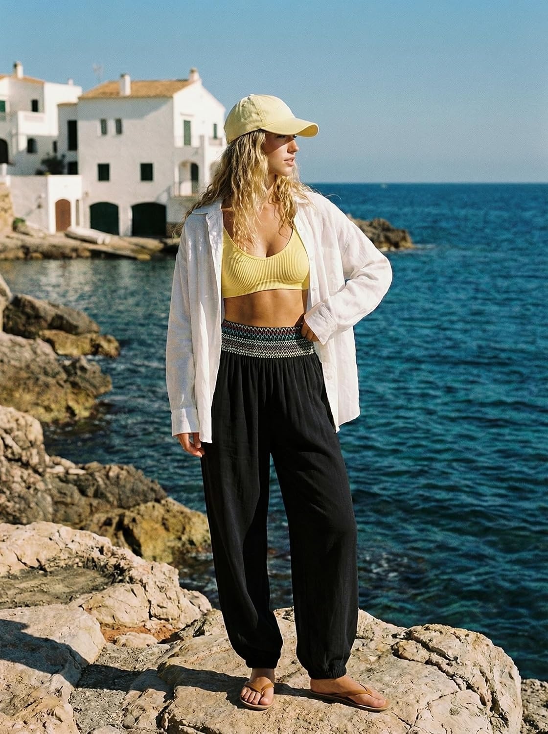 image:imageDokotoo Beach Pants Women Smocked Waist Harem Boho Flowy Pants with PocketsBlack