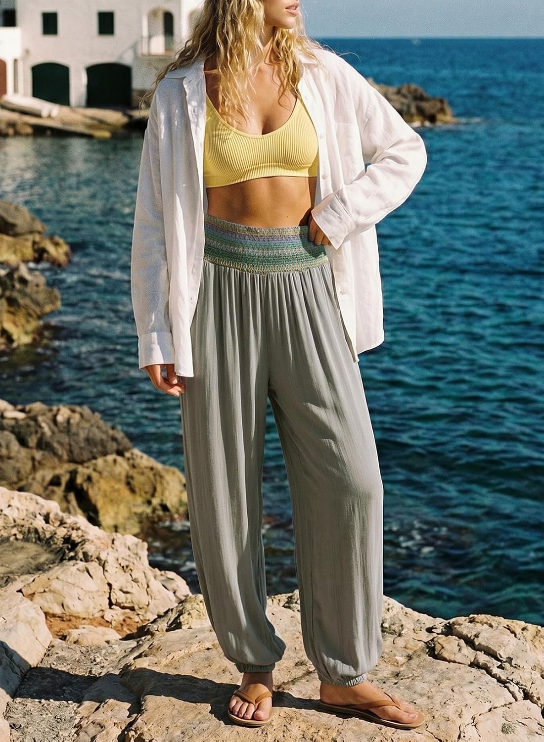 image:imageDokotoo Beach Pants Women Smocked Waist Harem Boho Flowy Pants with PocketsGray