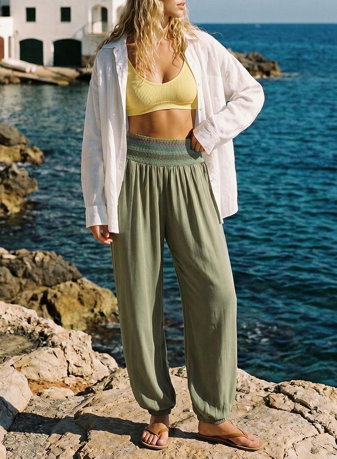 image:imageDokotoo Beach Pants Women Smocked Waist Harem Boho Flowy Pants with PocketsJungle Green