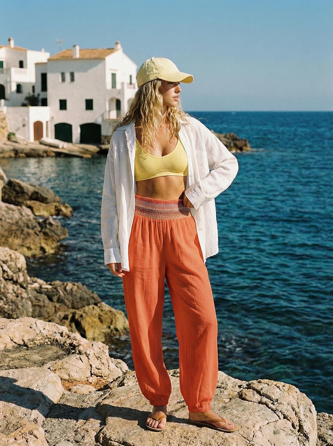 image:imageDokotoo Beach Pants Women Smocked Waist Harem Boho Flowy Pants with PocketsOrange