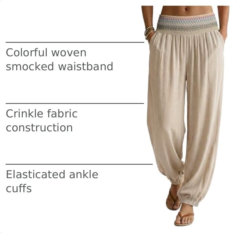 image:imageDokotoo Beach Pants Women Smocked Waist Harem Boho Flowy Pants with PocketsParchment
