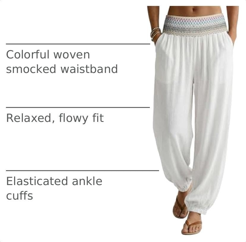 image:imageDokotoo Beach Pants Women Smocked Waist Harem Boho Flowy Pants with PocketsWhite