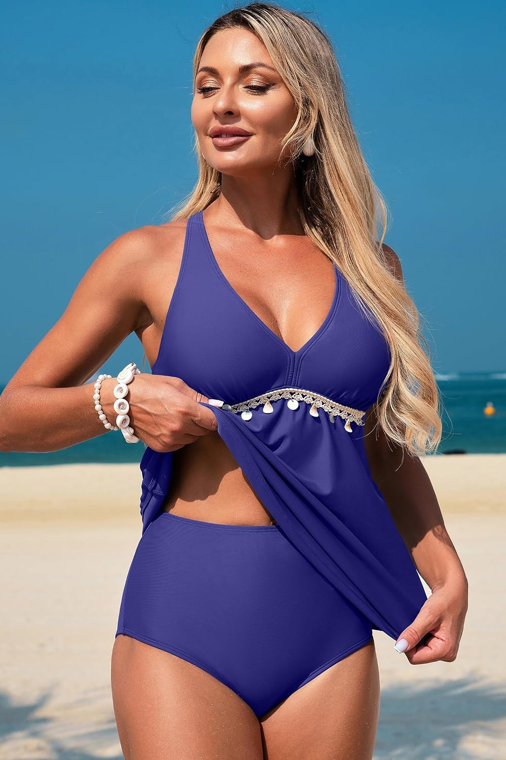 image:imageDokotoo Tankini Swimsuits for Women V Neck Tummy Control Two Piece Bathing Suit with High Waisted Bottom SwimwearDark Blue