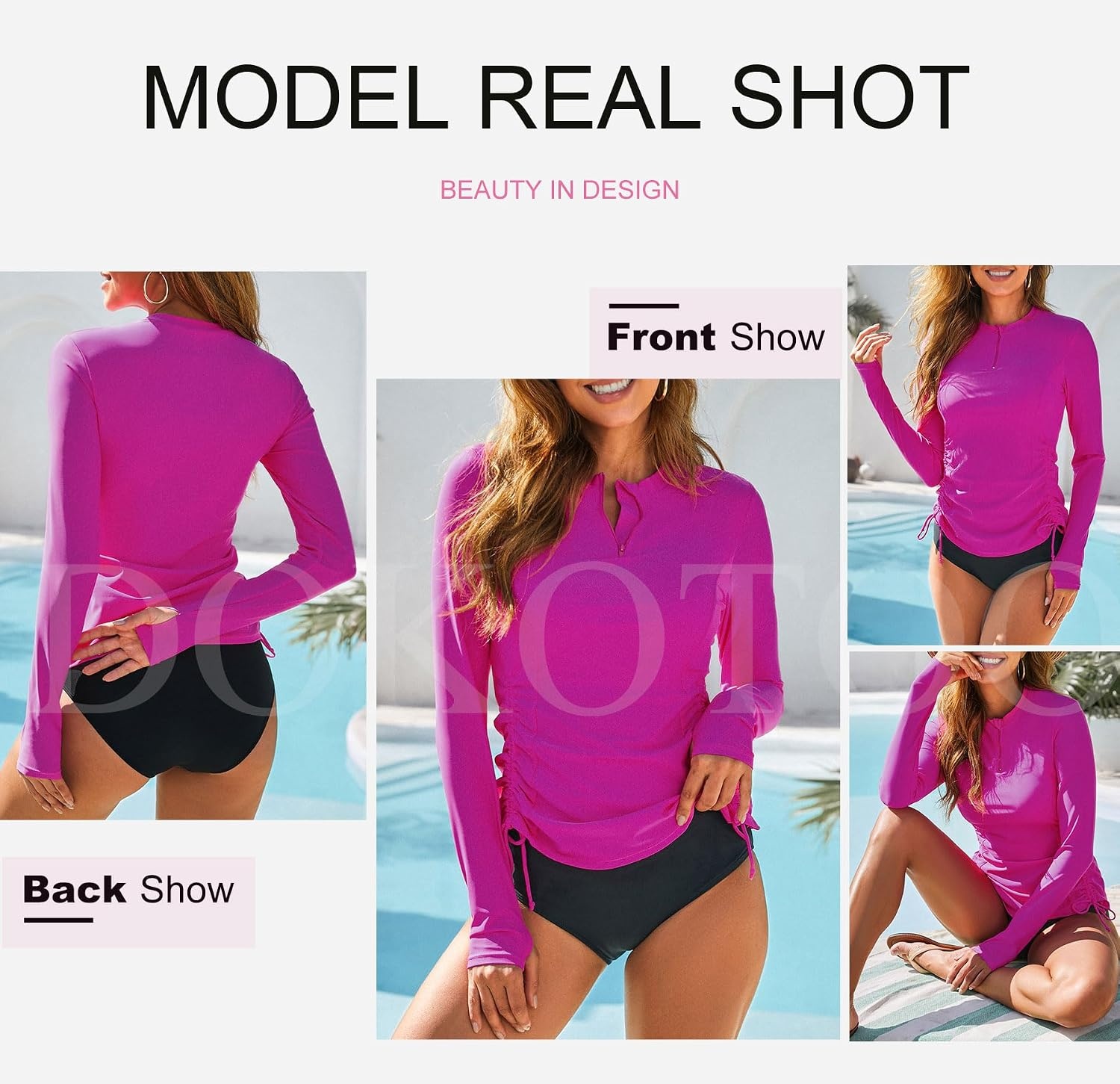 image:imageDokotoo Women Rash Guard Long Sleeve Swim Shirts UPF 50 Sun Protection Swimsuit Top Bathing Suit No BottomRose Red