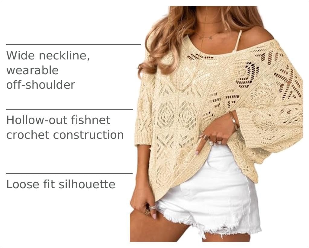 image:imageDokotoo Womens 2026 Spring Summer Crochet Hollow Out 34 Sleeve Pullover Sweater Off Shoulder TShirtsApricot