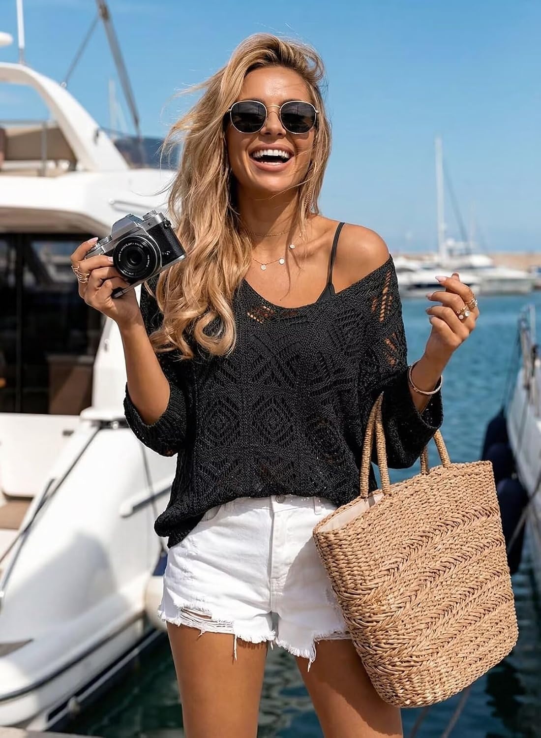image:imageDokotoo Womens 2026 Spring Summer Crochet Hollow Out 34 Sleeve Pullover Sweater Off Shoulder TShirtsBlack