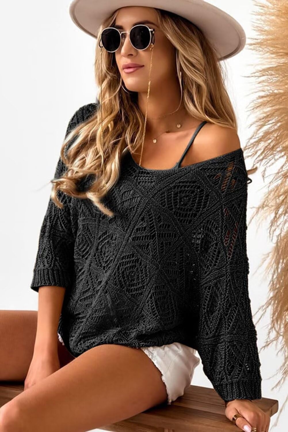 image:imageDokotoo Womens 2026 Spring Summer Crochet Hollow Out 34 Sleeve Pullover Sweater Off Shoulder TShirtsBlack