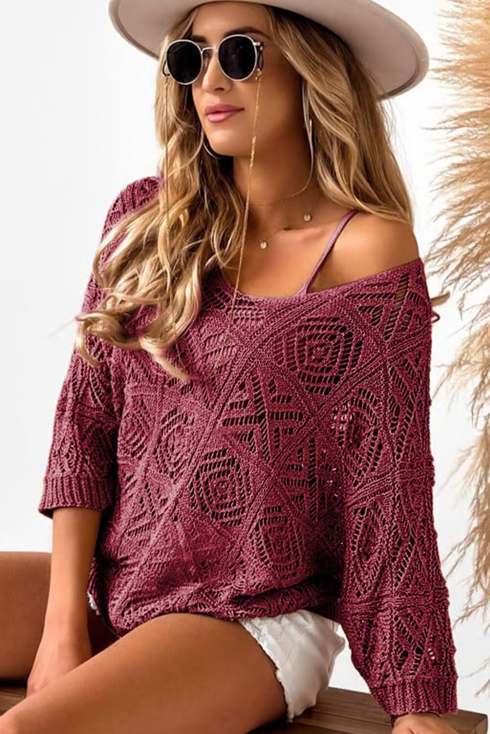 image:imageDokotoo Womens 2026 Spring Summer Crochet Hollow Out 34 Sleeve Pullover Sweater Off Shoulder TShirtsBurgundy