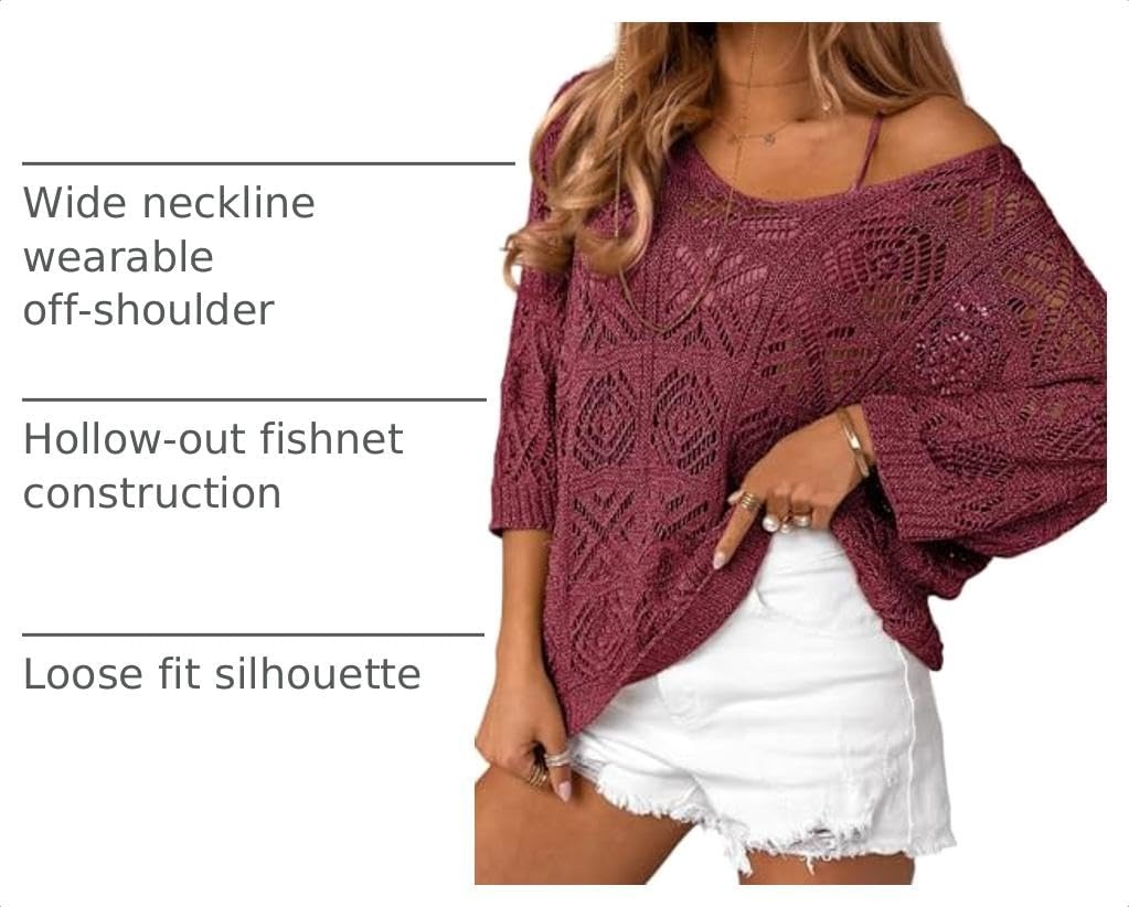 image:imageDokotoo Womens 2026 Spring Summer Crochet Hollow Out 34 Sleeve Pullover Sweater Off Shoulder TShirtsBurgundy