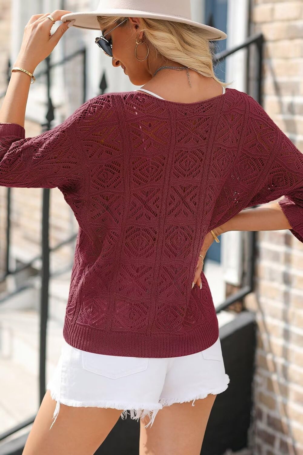 image:imageDokotoo Womens 2026 Spring Summer Crochet Hollow Out 34 Sleeve Pullover Sweater Off Shoulder TShirtsBurgundy