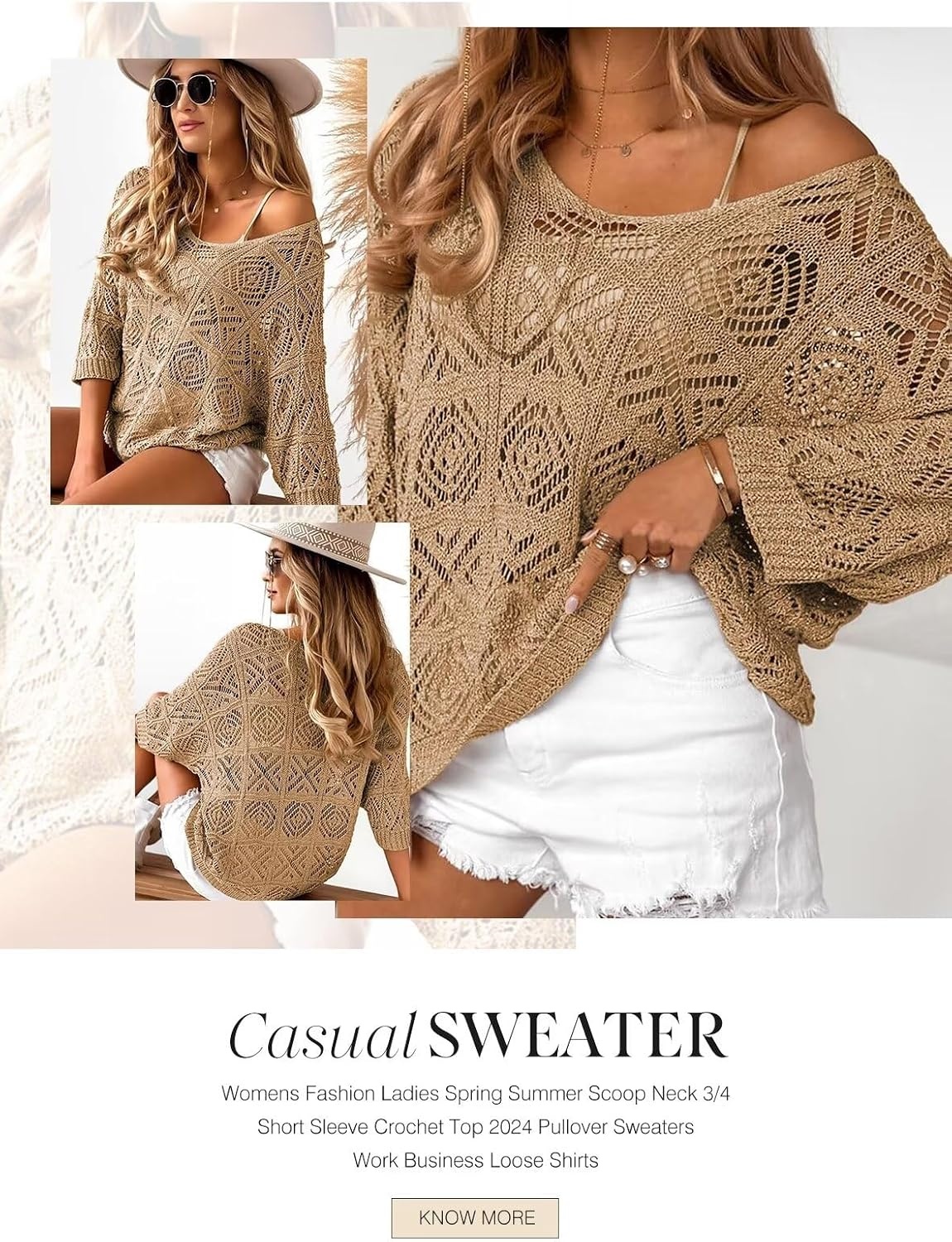 image:imageDokotoo Womens 2026 Spring Summer Crochet Hollow Out 34 Sleeve Pullover Sweater Off Shoulder TShirtsCamel