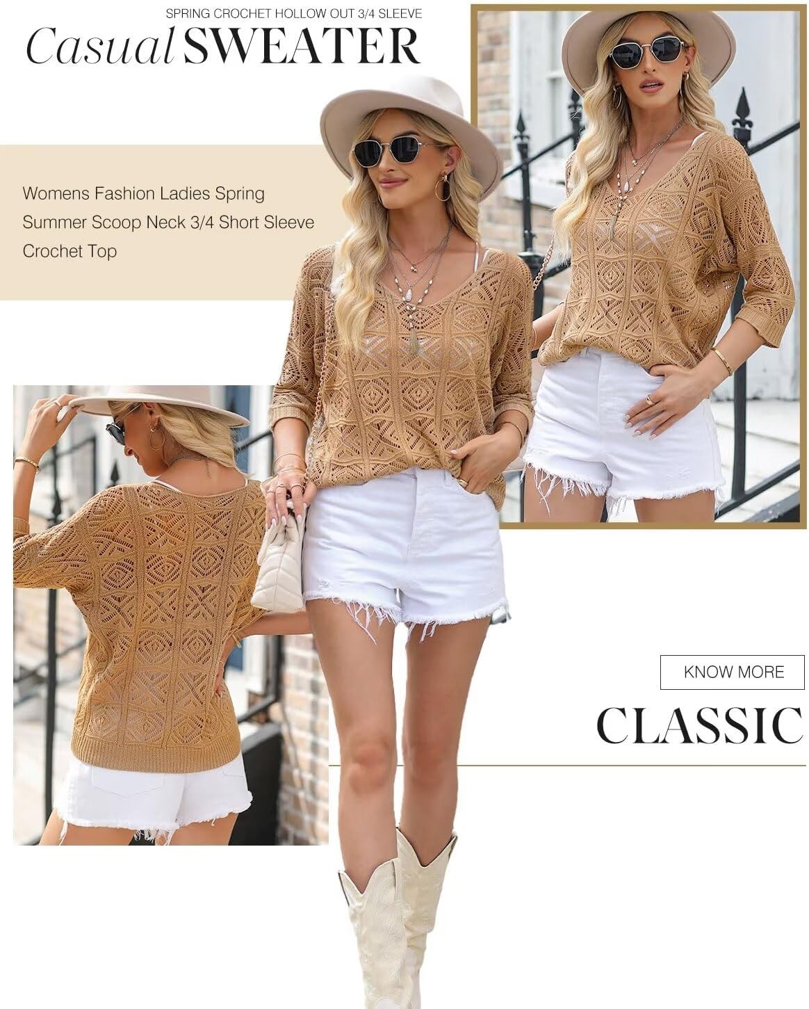 image:imageDokotoo Womens 2026 Spring Summer Crochet Hollow Out 34 Sleeve Pullover Sweater Off Shoulder TShirtsCamel