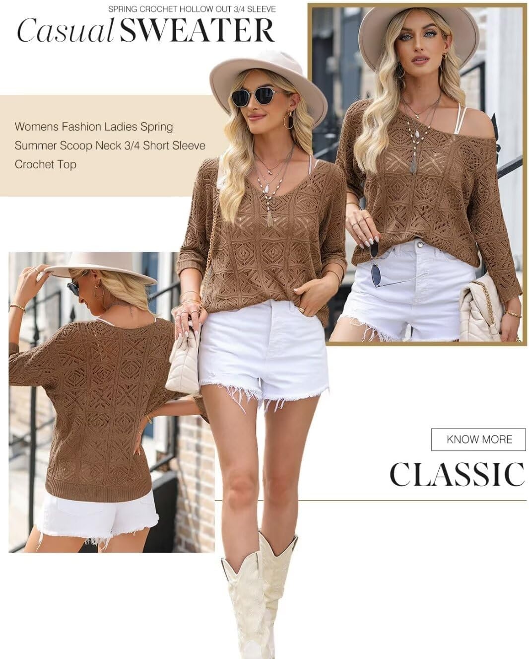 image:imageDokotoo Womens 2026 Spring Summer Crochet Hollow Out 34 Sleeve Pullover Sweater Off Shoulder TShirtsChestnut