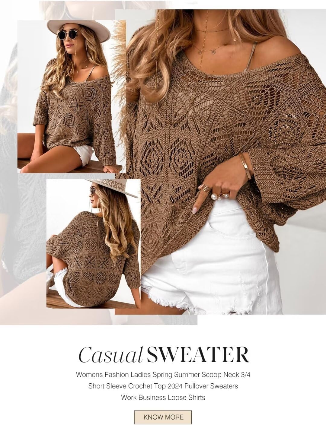image:imageDokotoo Womens 2026 Spring Summer Crochet Hollow Out 34 Sleeve Pullover Sweater Off Shoulder TShirtsChestnut