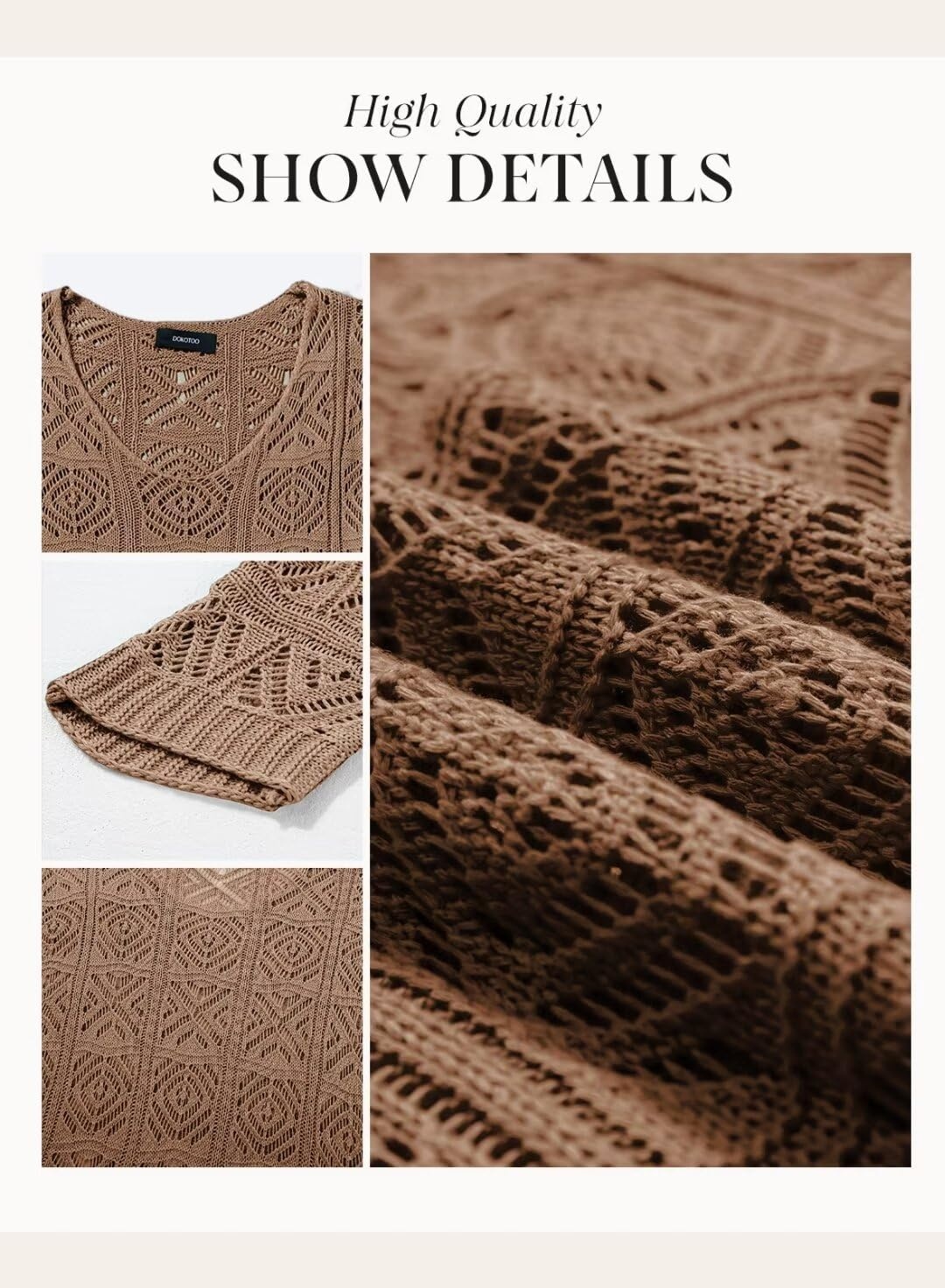 image:imageDokotoo Womens 2026 Spring Summer Crochet Hollow Out 34 Sleeve Pullover Sweater Off Shoulder TShirtsChestnut