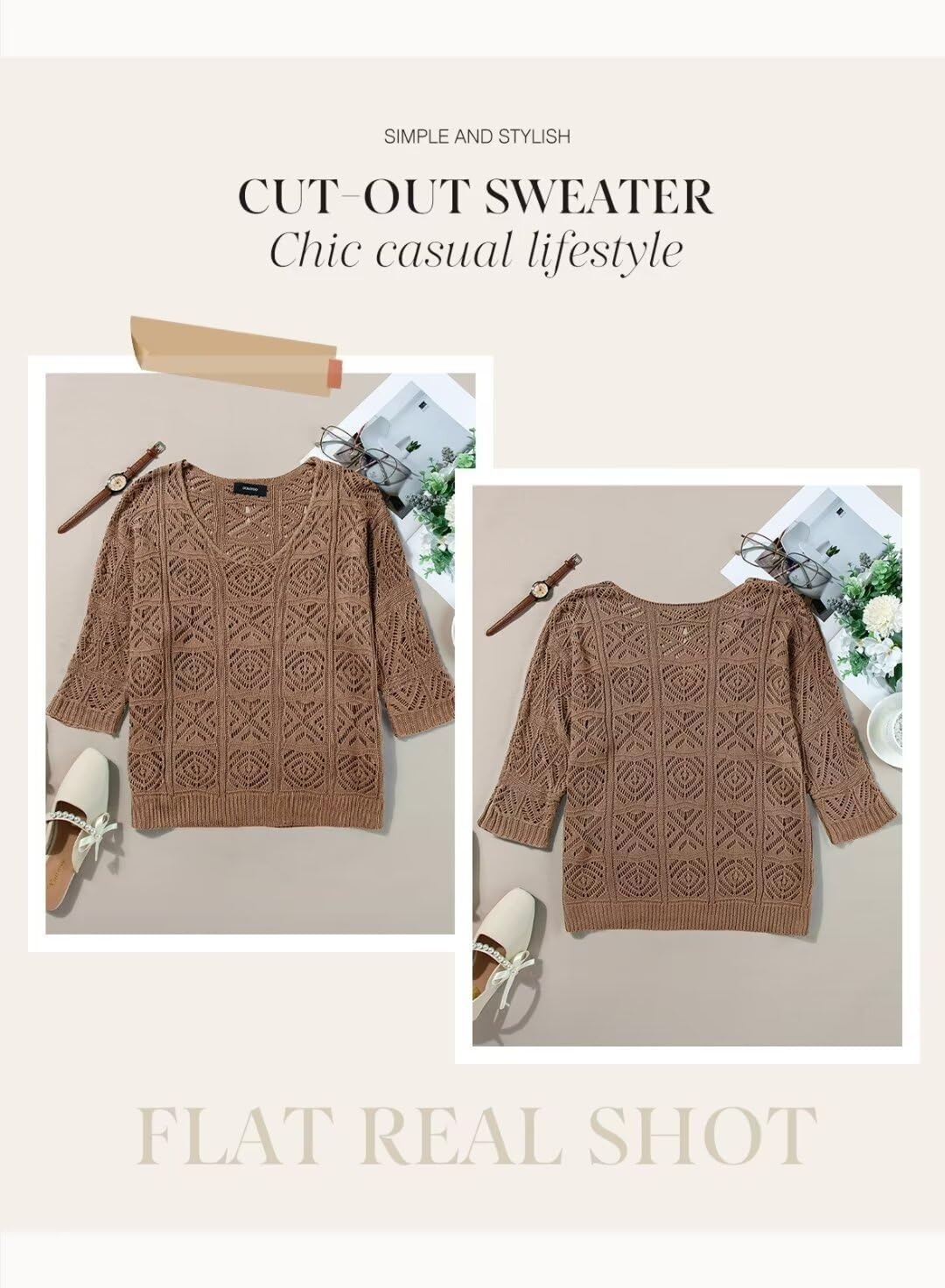 image:imageDokotoo Womens 2026 Spring Summer Crochet Hollow Out 34 Sleeve Pullover Sweater Off Shoulder TShirtsChestnut