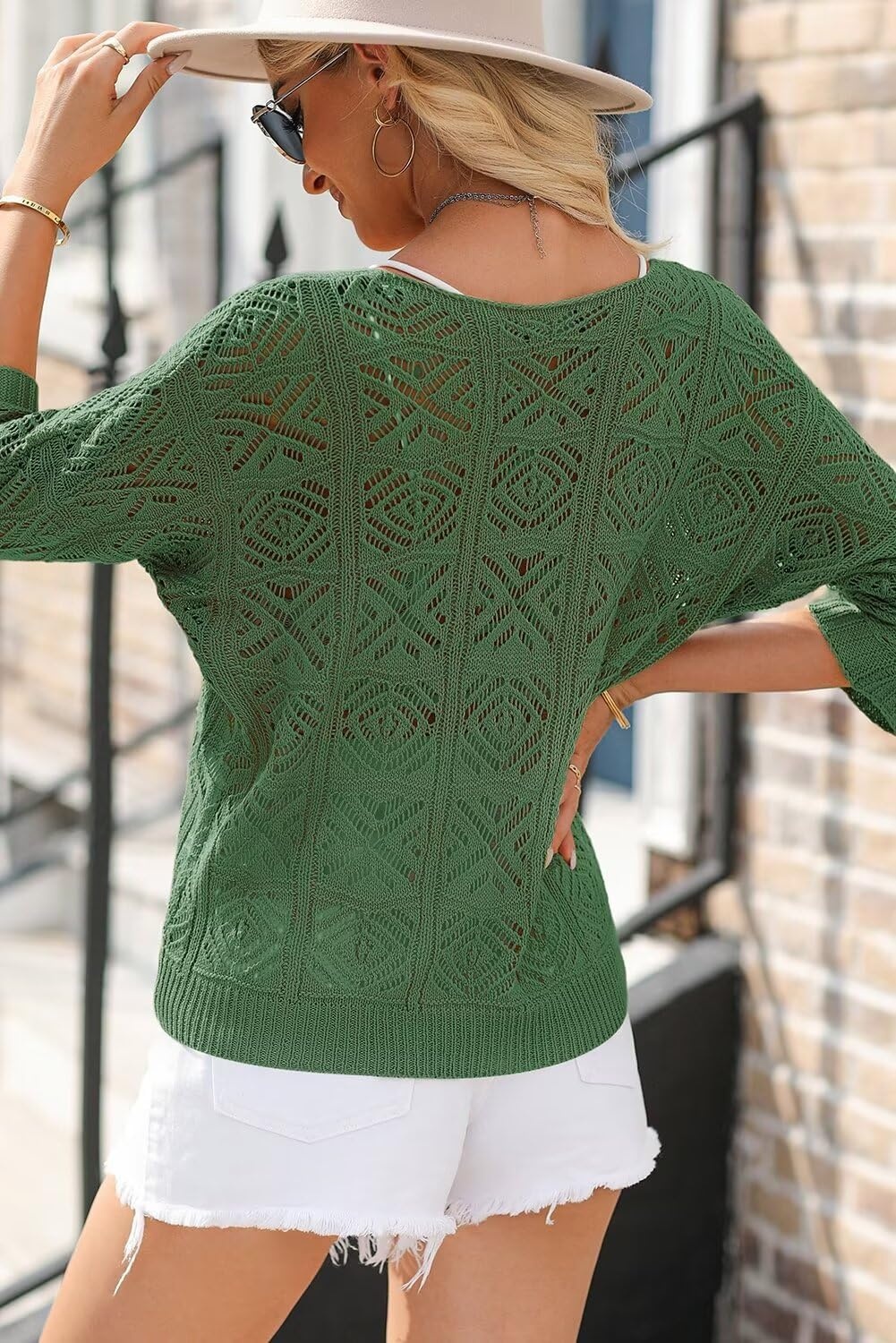 image:imageDokotoo Womens 2026 Spring Summer Crochet Hollow Out 34 Sleeve Pullover Sweater Off Shoulder TShirtsDark Green