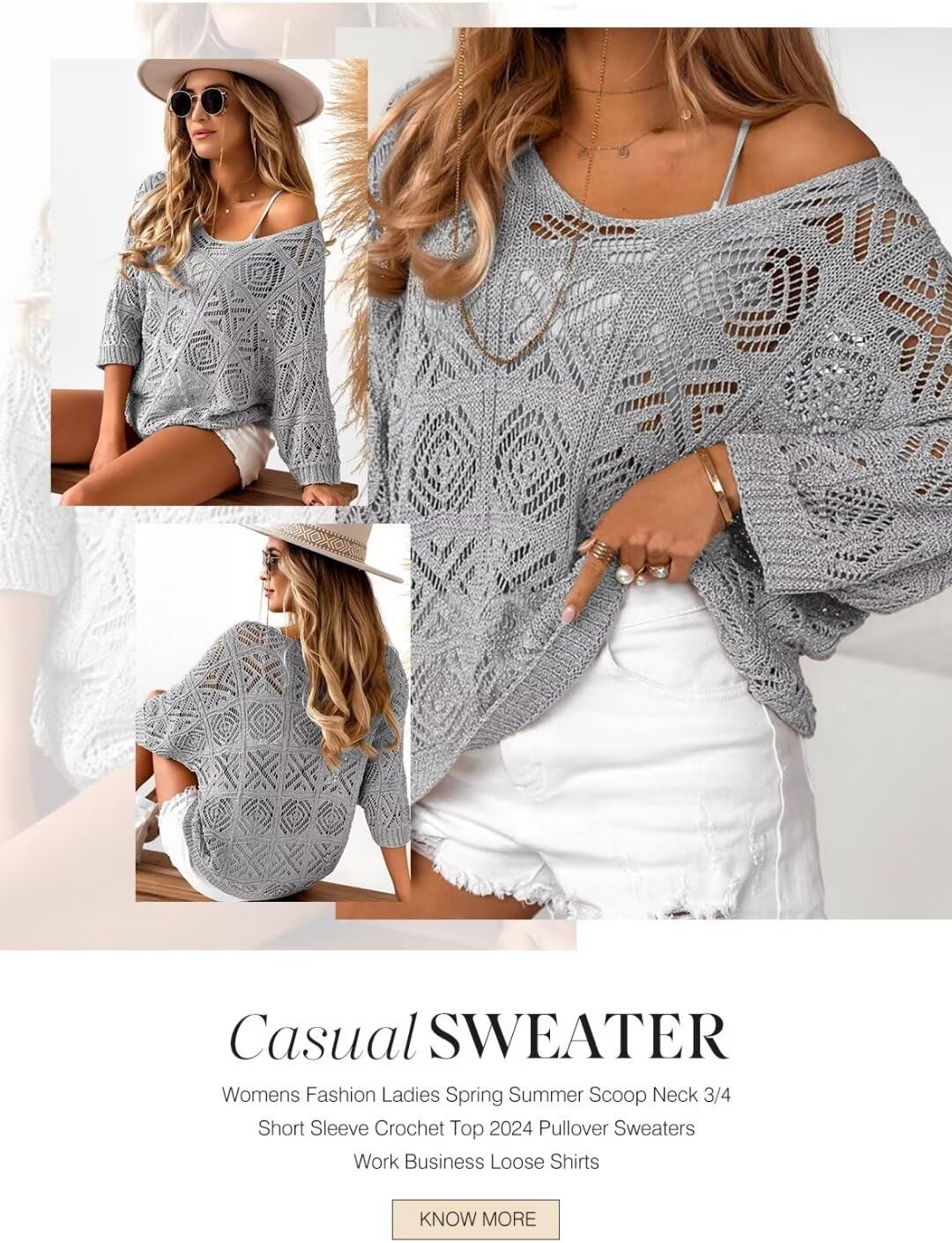 image:imageDokotoo Womens 2026 Spring Summer Crochet Hollow Out 34 Sleeve Pullover Sweater Off Shoulder TShirtsGray
