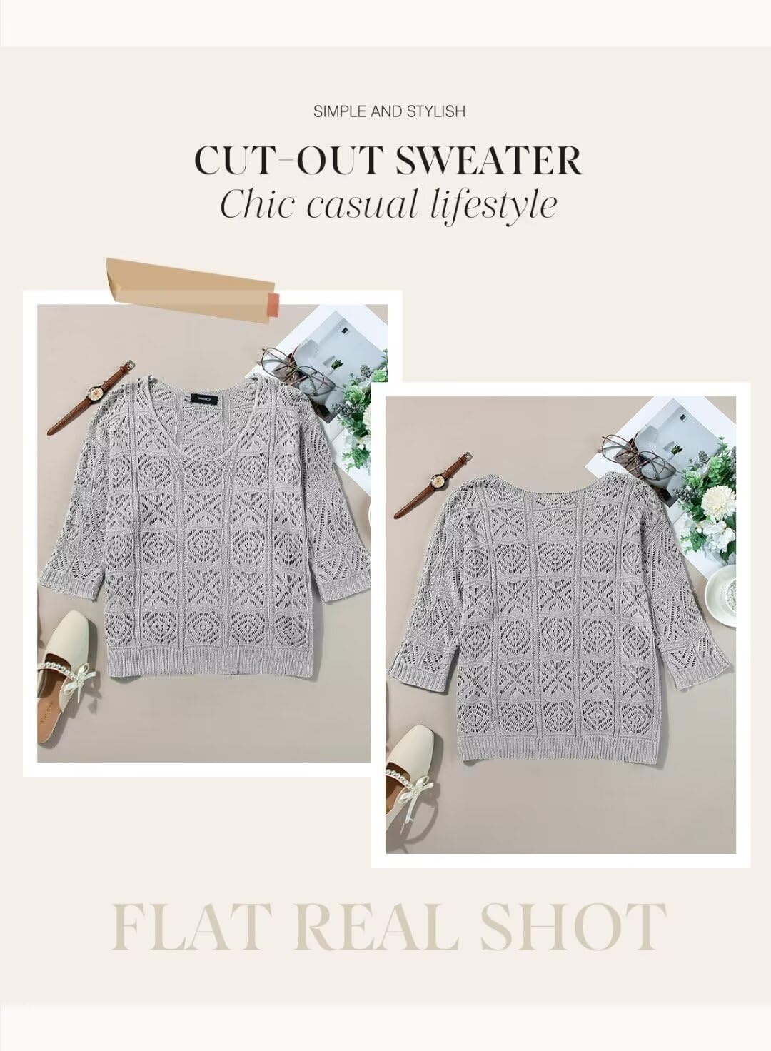 image:imageDokotoo Womens 2026 Spring Summer Crochet Hollow Out 34 Sleeve Pullover Sweater Off Shoulder TShirtsGray